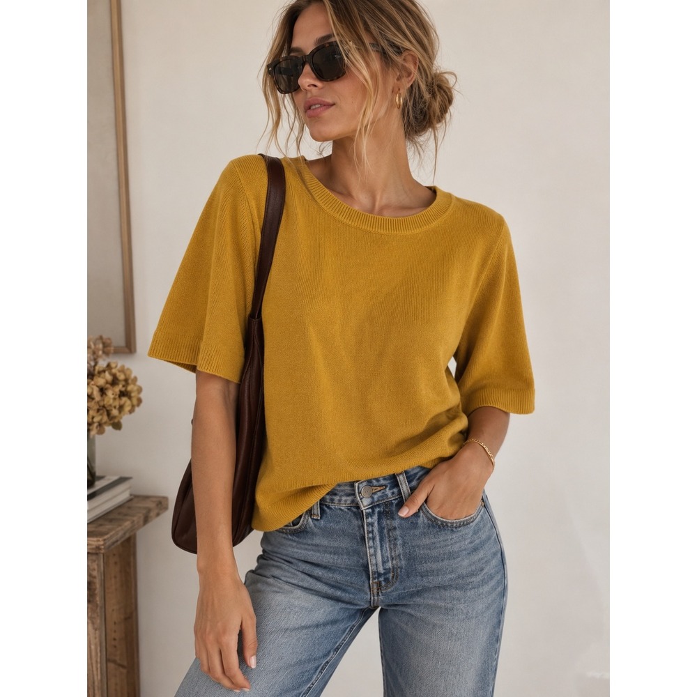Banana Republic Mustard Yellow Cotton Short Sleeve Flare Ribbed Knit Sweater XS